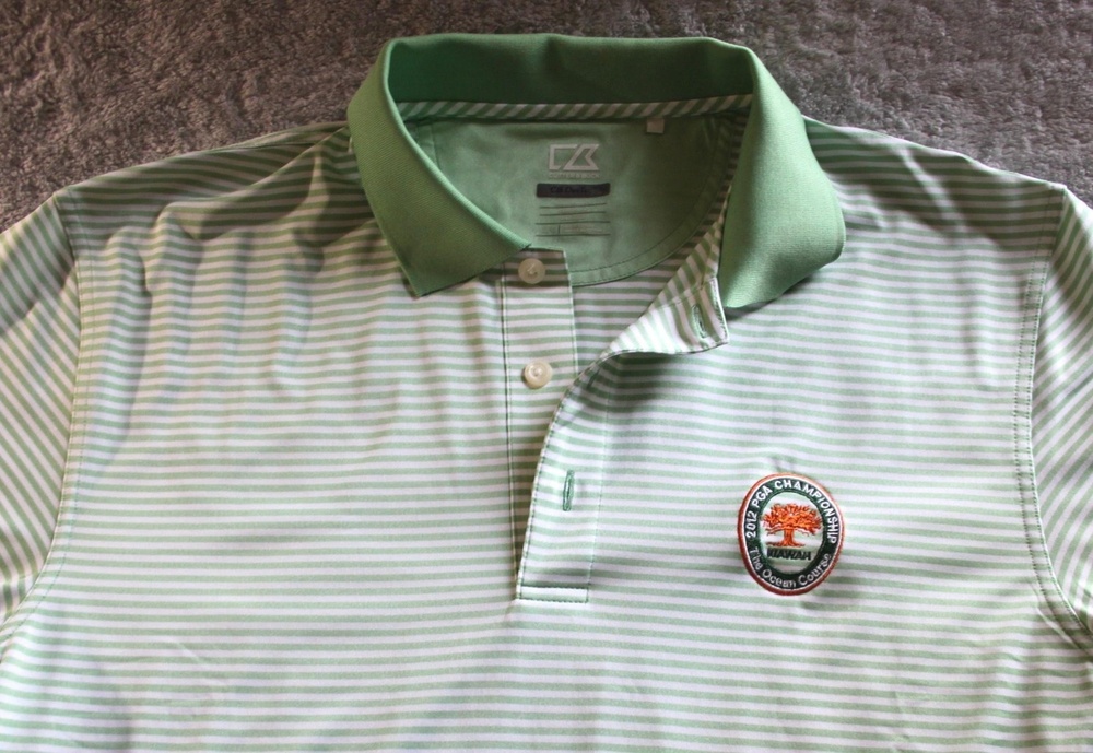 Cutter & Buck Polo Shirt Mens L Green CB DryTec 100% Polyester Striped Golf